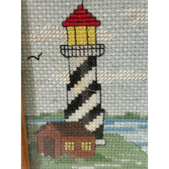 Vintage Cross-Stitch Wood Framed Lighthouse Map Picture-Detailed-Coast-Nautical - Picture 2 of 4